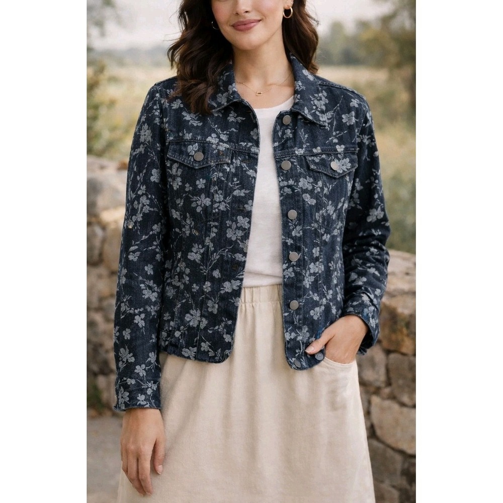 Croft & Barrow Floral Denim Jacket XL Dark Wash Stretch Jean Casual Layering